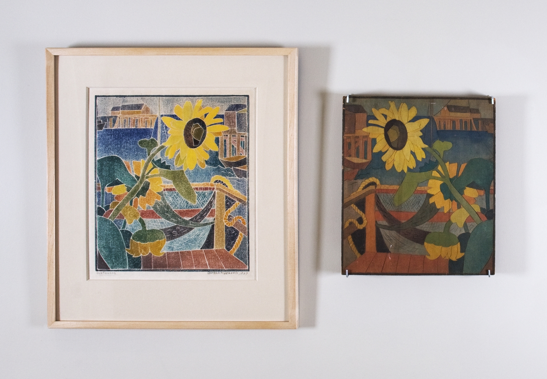 Installation view of &quot;Blanche Lazzell: White-line Color Wood Cuts&quot; with print (Sunflowers, 1927) and woodblock (Sunflowers, 1926); on view at Craig F. Starr Gallery (June 5-August 19, 2009).