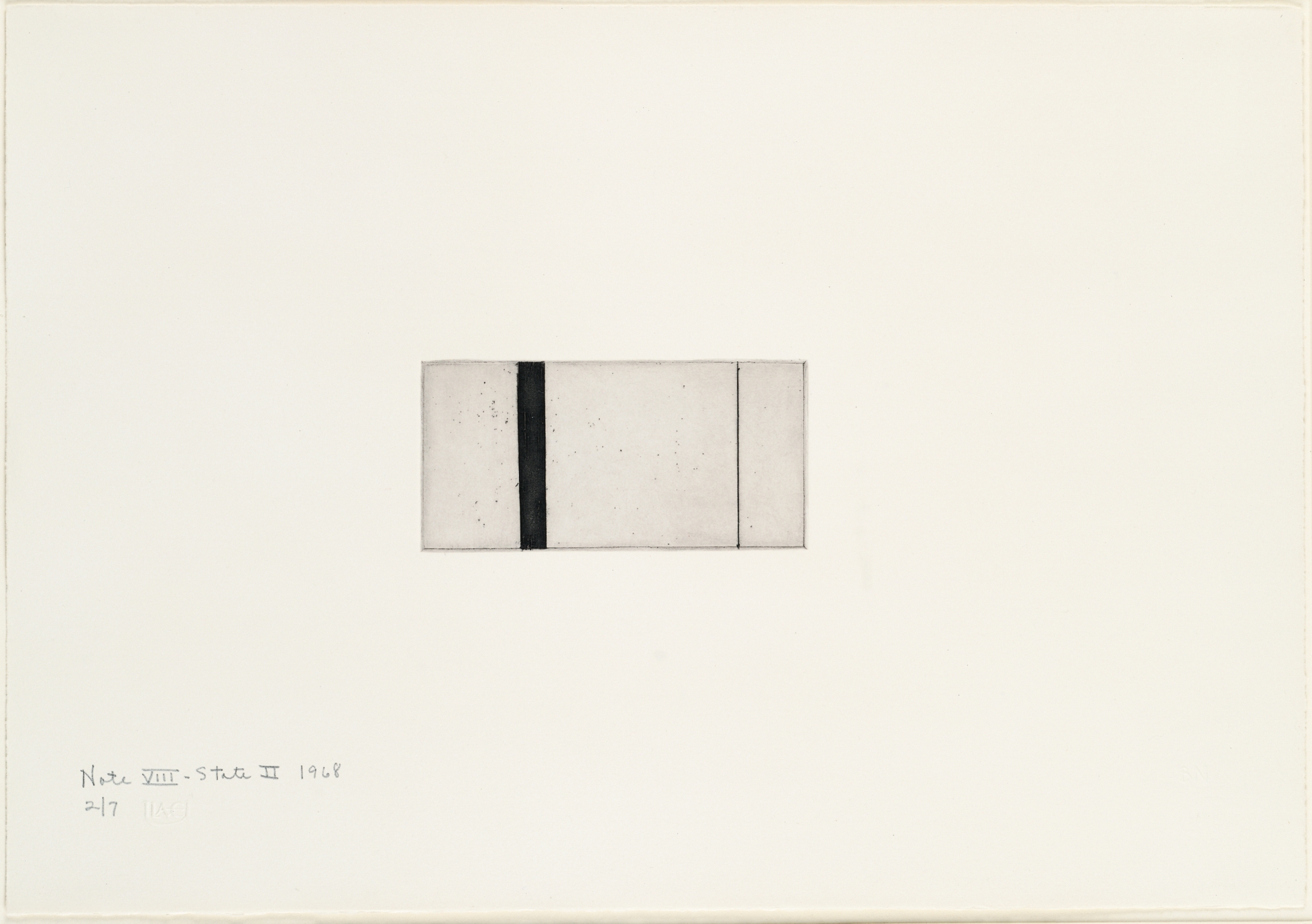 Barnett Newman, Note VIII (State II), 1968. Etching, printed in black on Italia white wove paper, 2 15/16 x 5 15/16 inches, Plate; 14 x 19 7/8 inches, Sheet. Edition of 7. Private Collection.