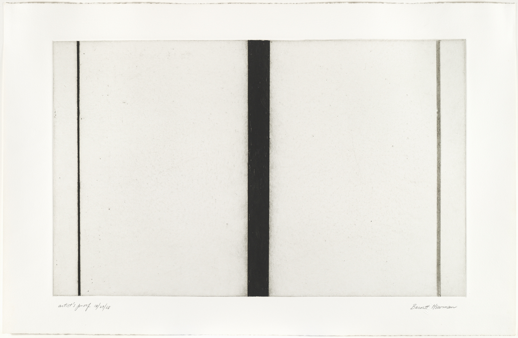 Barnett Newman,&nbsp;Untitled Etching #1, 1968.&nbsp;

Etching and aquatint, 14 15/16 x 23 7/8 inches, image;&nbsp;19 3/16 x 29 3/4 inches, sheet.&nbsp;

AP aside from the edition of 27&nbsp;

Private Collection&nbsp;