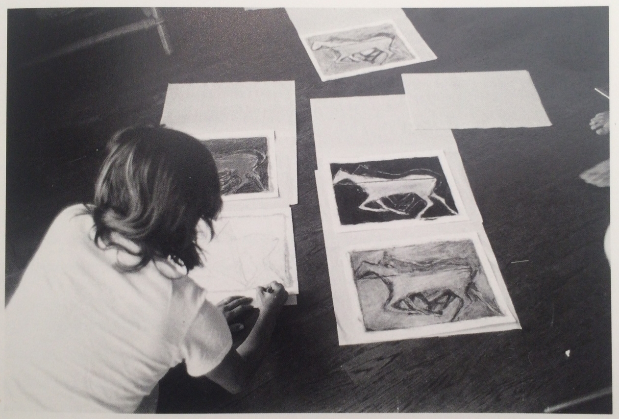 Susan Rothenberg signing her first print, 1977. Each unique work is&nbsp;extensively hand colored by the artist with mixed media.