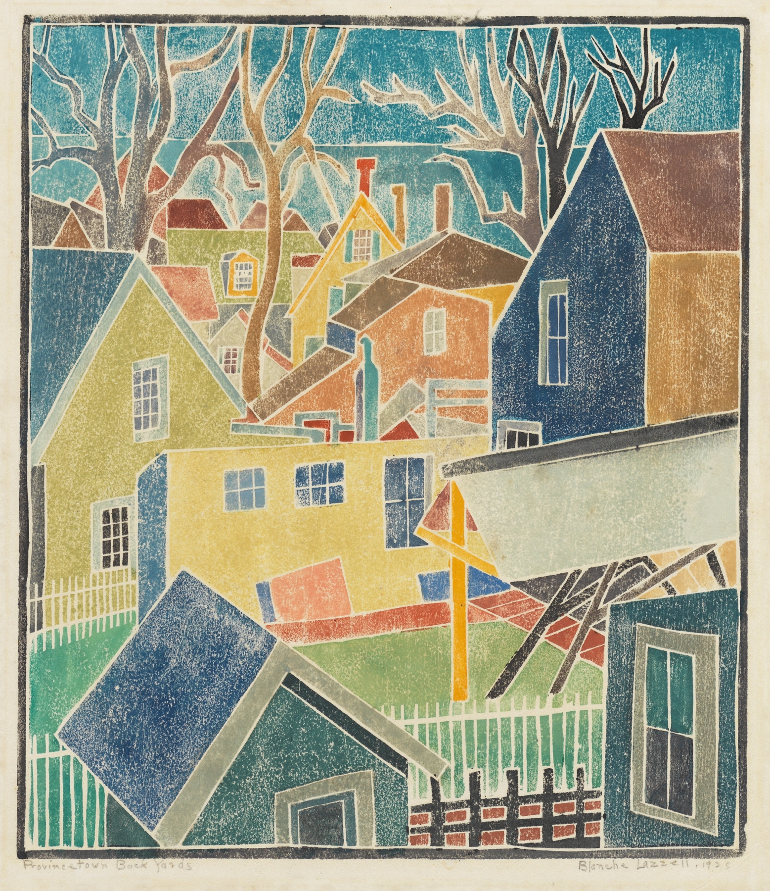 Provincetown Back Yards, 1927
White-line color woodcut
13 15/16 x 12 1/16 inches