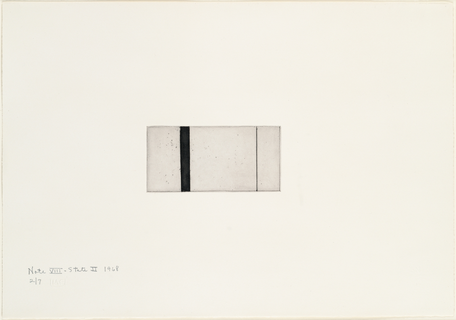 Barnett Newman, Note VIII (State II), 1968. Etching, printed in black on Italia white wove paper, 2 15/16 x 5 15/16 inches, Plate; 14 x 19 7/8 inches, Sheet. Edition of 7. Private Collection.