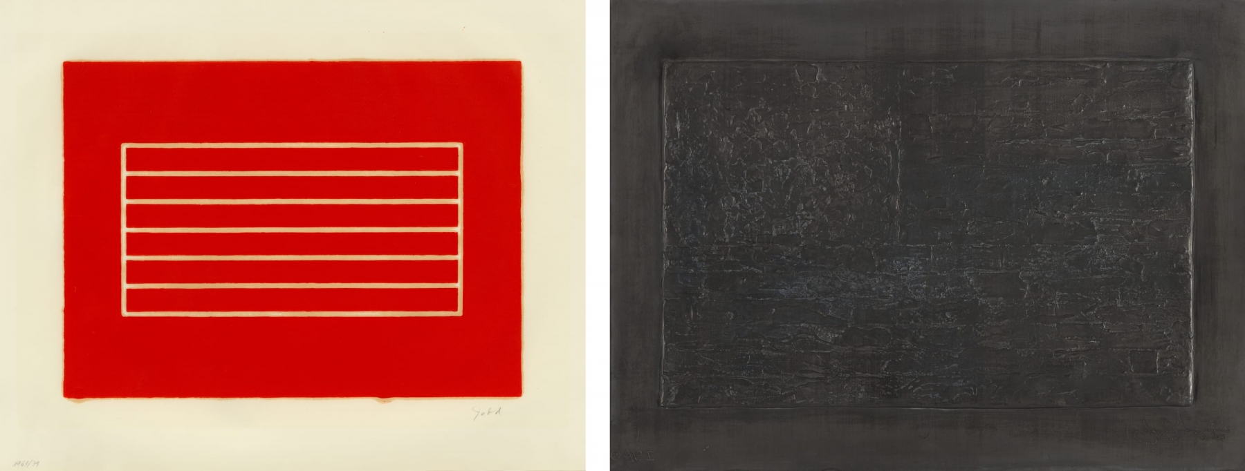 Left: Donald Judd,&nbsp;Untitled, 1961-79. Woodcut in cadmium red on offset paper,

15 x 20 1/4 inches, image; 21 1/2 x 29 3/4 inches, sheet.

Right: Jasper Johns,&nbsp;Flag, 1969. Lead relief,&nbsp;17 x 23 inches.