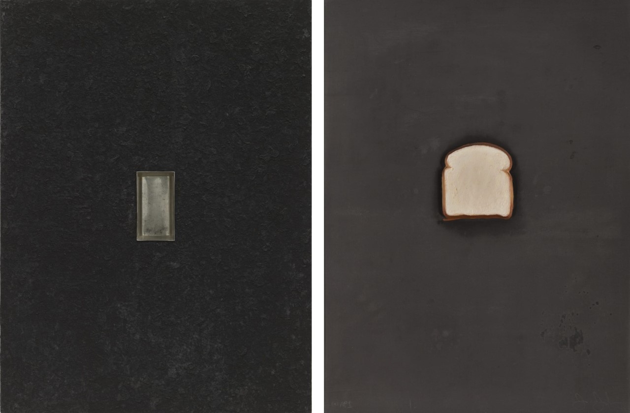 Left: Donald Judd, Untitled, 1961.&nbsp;Oil on board mounted on wood,

with inset tinned steel baking pan,&nbsp;48 1/8 x 36 1/8 x 4 inches.

The Museum of Modern Art, New York.

Right: Jasper Johns,&nbsp;Bread, 1969. Lead relief laminated

with embossed, oil-painted paper,&nbsp;23 &times; 17 inches.